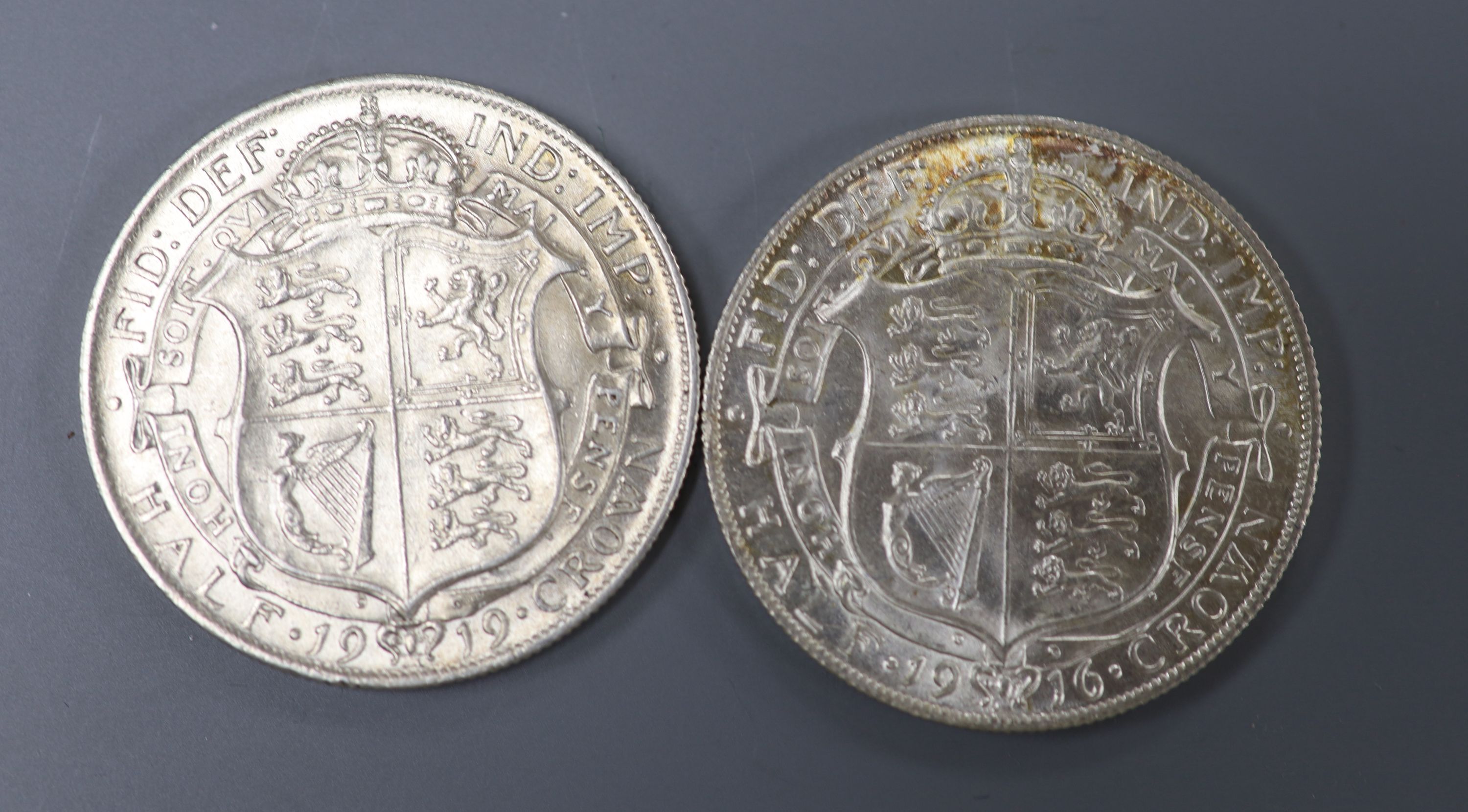 Two George V silver halfcrowns, 1916 and 1919, VF/GVF
